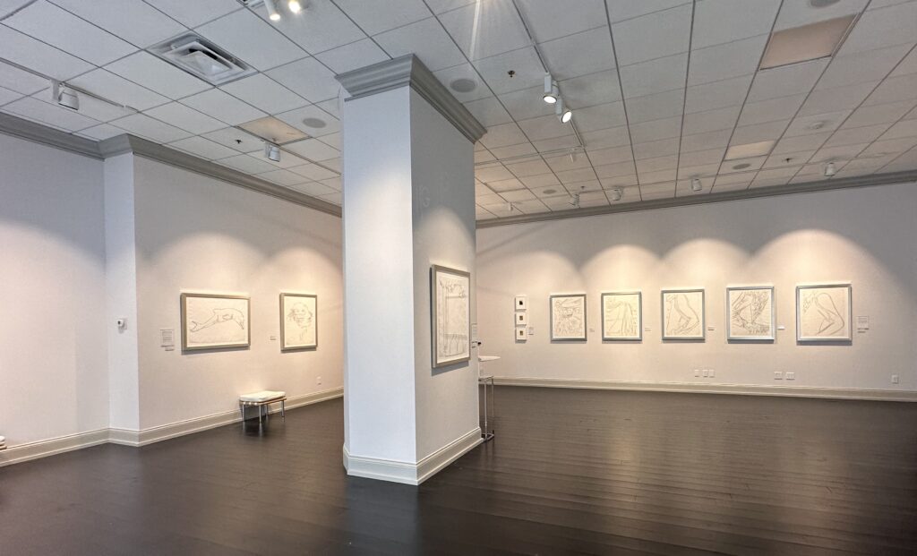 A gallery space with several framed sketches on the walls.