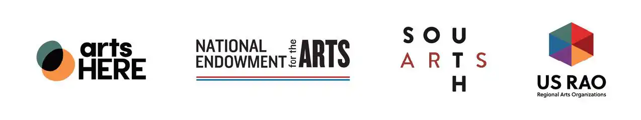 Logos from left to right: ArtsHERE, National Endowment for the Arts, South Arts, US Regional Arts Organizations