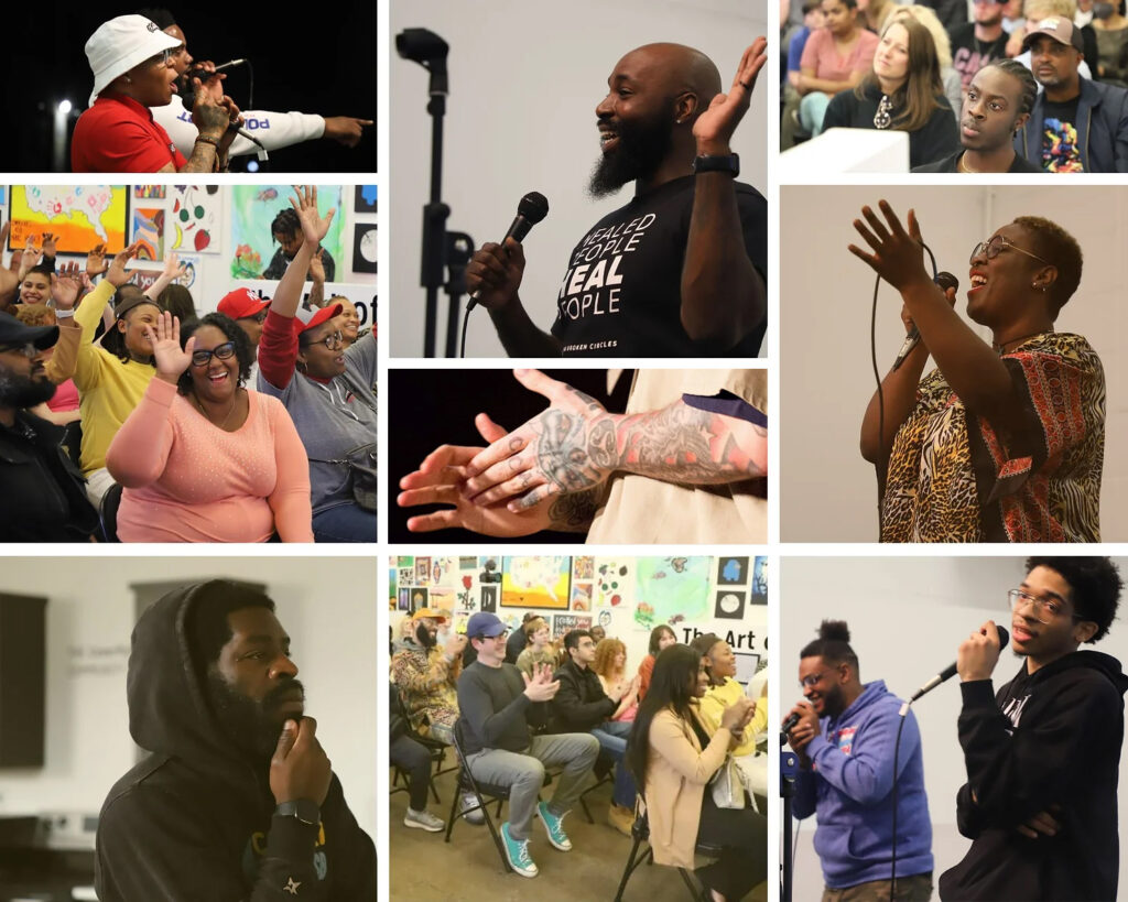 A collage of images of people participating in a spoken word event or listening to speakers.