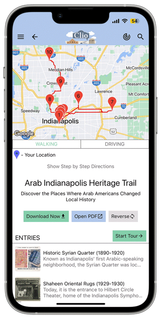 An I-phone shows a map of Arab Indianapolis Heritage Trail sites