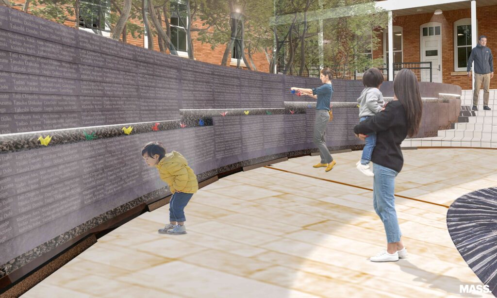 A rendering of a memorial wall featuring paper cranes and names