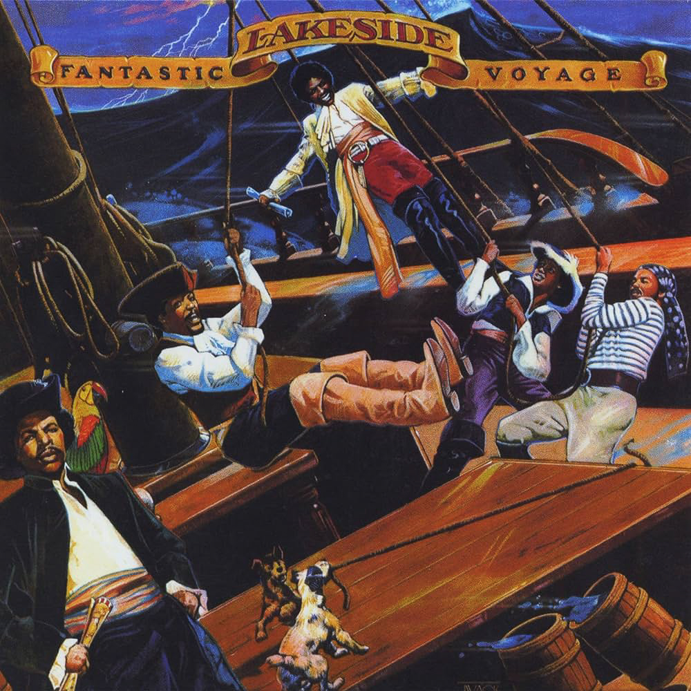 A vintage record cover that reads "Lakeside Fantastic Voyage" with an illustration of five people sailing a ship. They are dressed in stylish clothing indicating that they are sea voyagers.