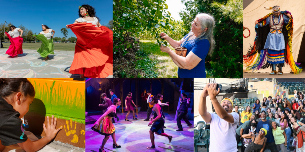 A collage of colorful images of people painting, dancing, acting, foraging, and taking a photo.