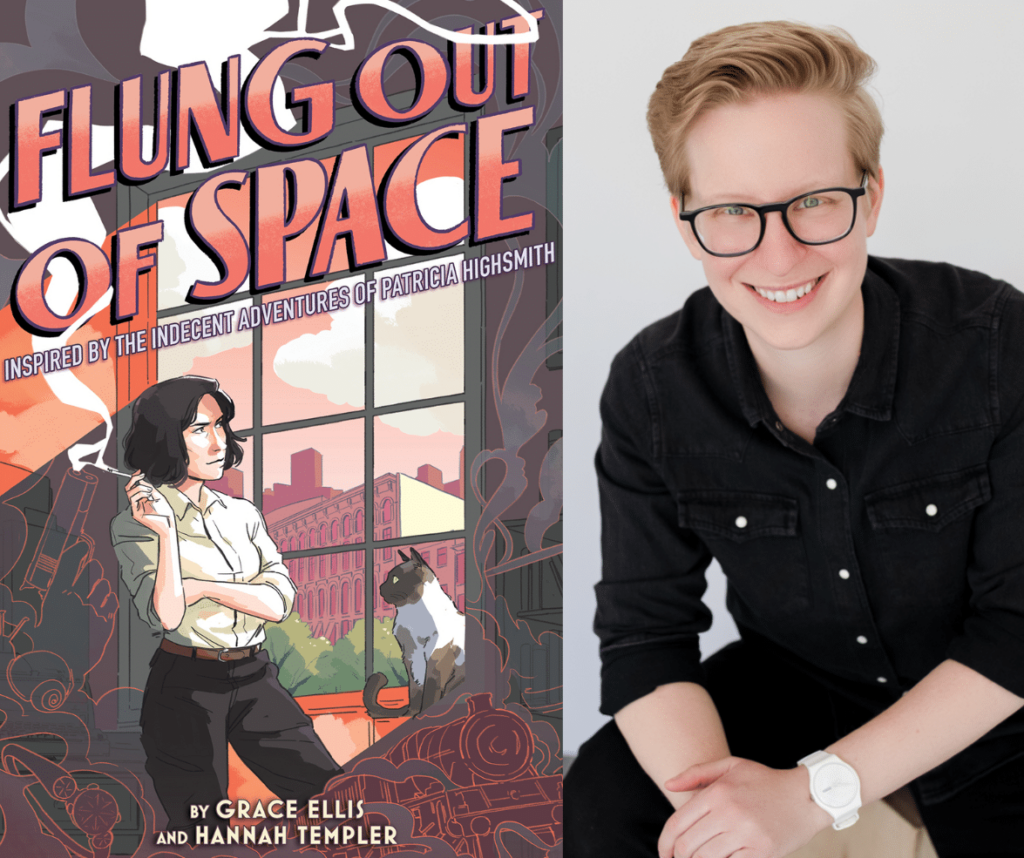 Split image: A person with light blond short hair smiles in a black button down shirt kneeling in front of a white background. On the other side, the cover of the book "Flung Out of Space."