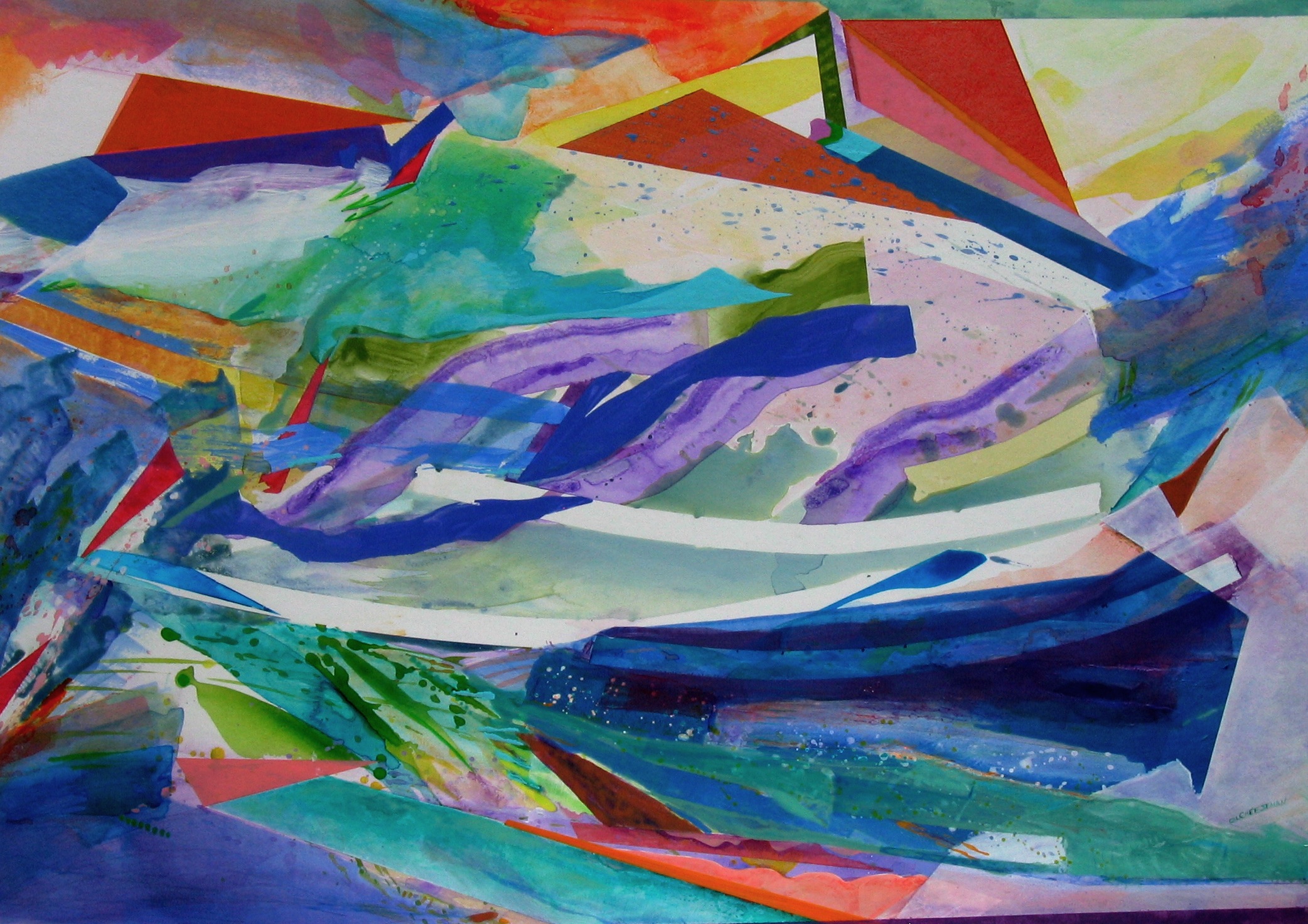 A colorful abstract painting with blues, greens, purples, and reds. There are some wavy strokes and triangular shapes in the work.