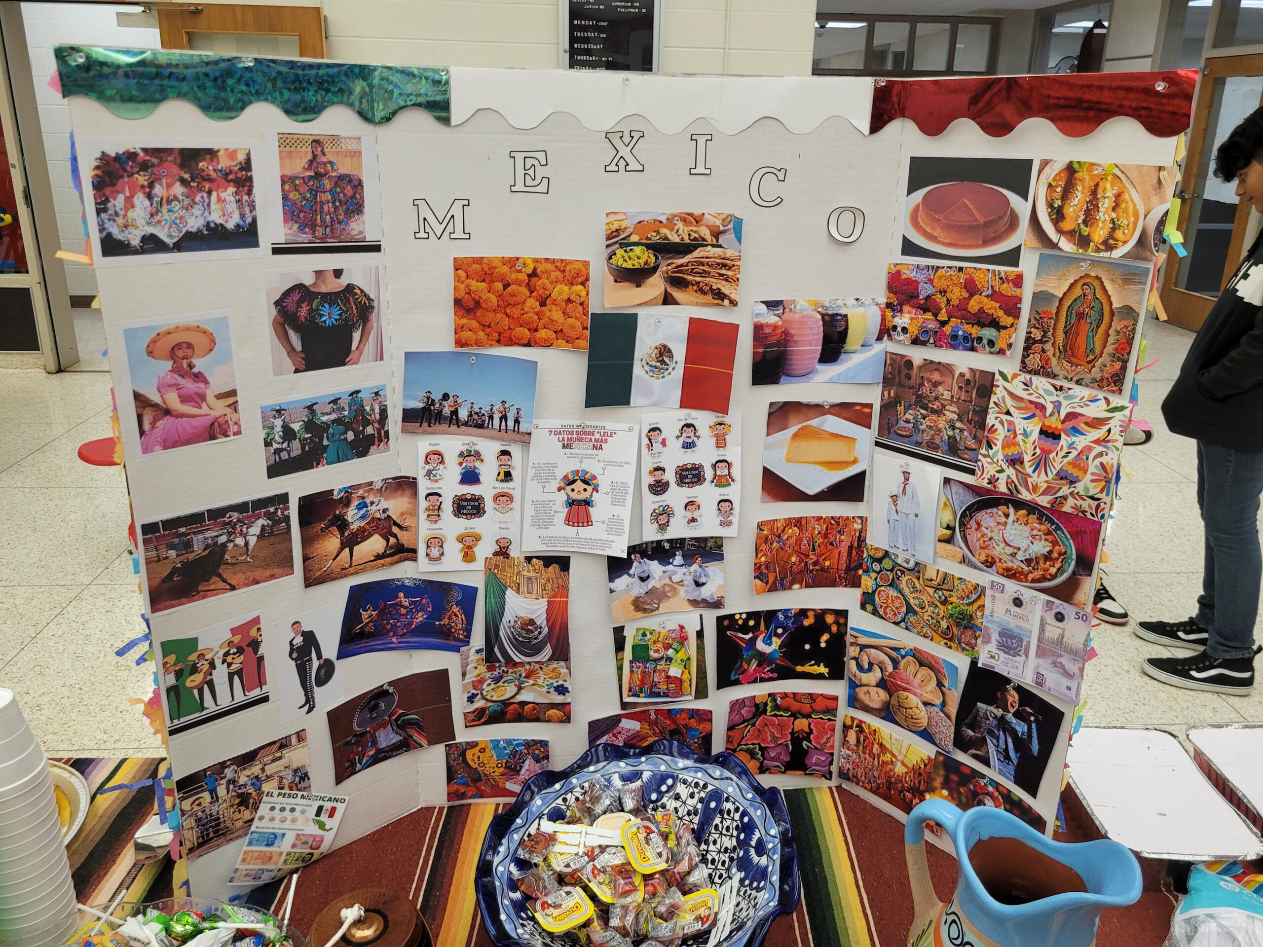 A colorful poster board showing photos of cultural aspects of Mexico