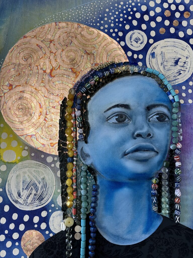 A mixed media artwork of a young girl with blue skin with hair made of various beads.