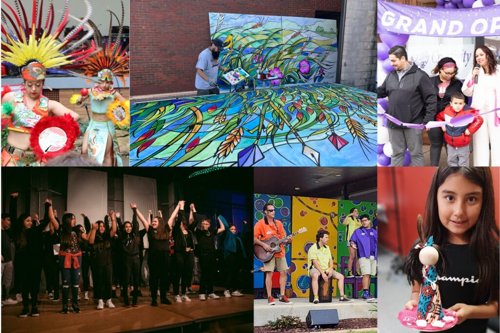 A collage of colorful photos showing community members engaged in arts activites