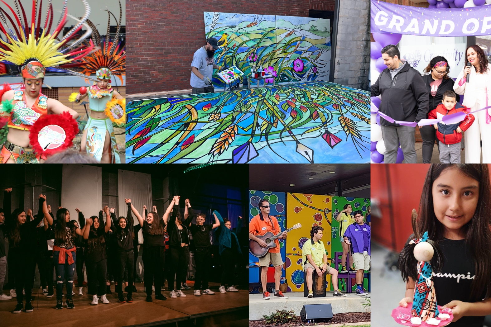A collage of colorful photos showing community members engaged in arts activites
