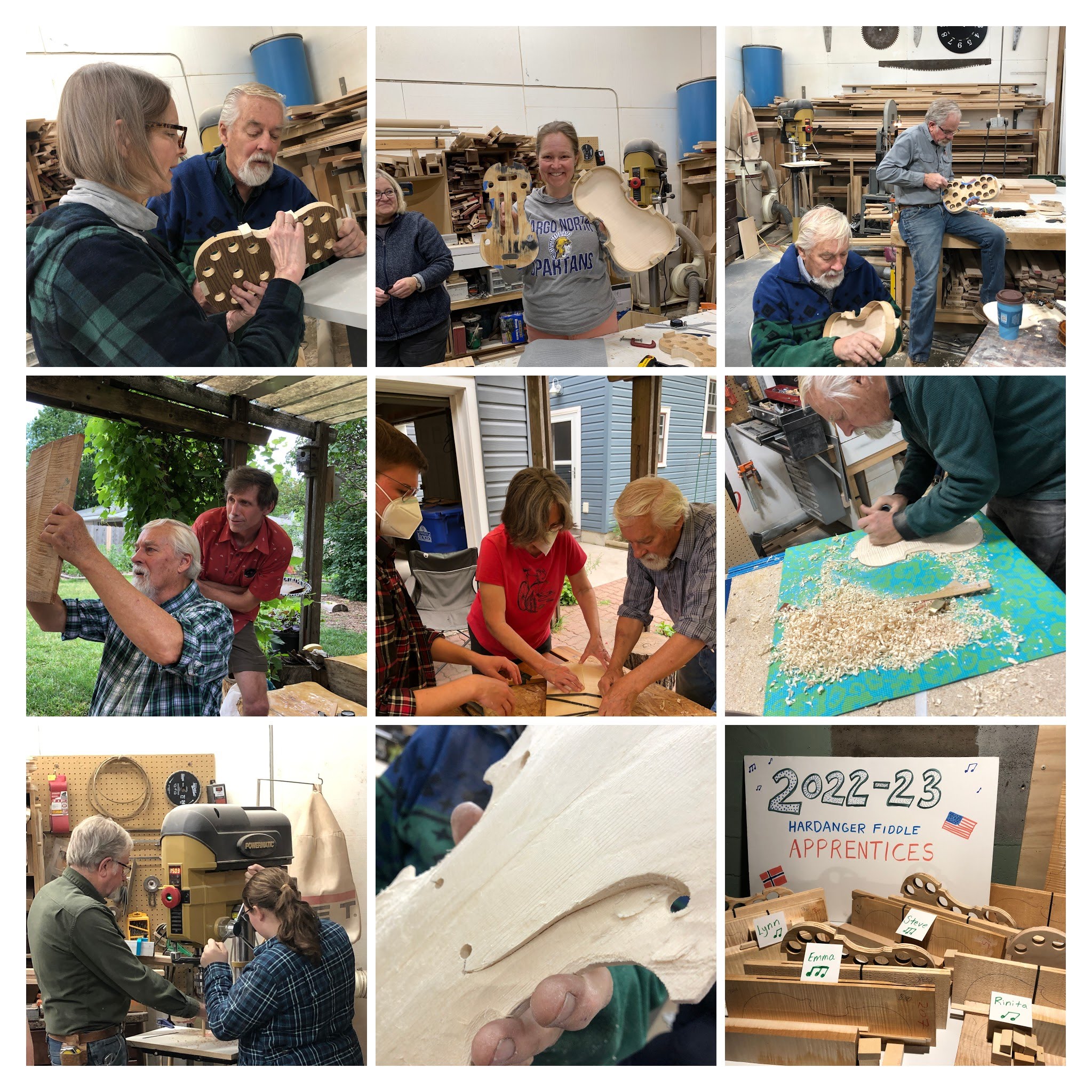 A grid of nine photos of various stages of the fiddle-making process.