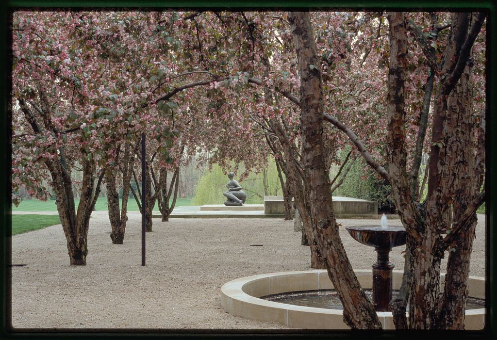 A garden with rows of cherry blossom trees, a water fountain and a figurative sculpture at the far end.