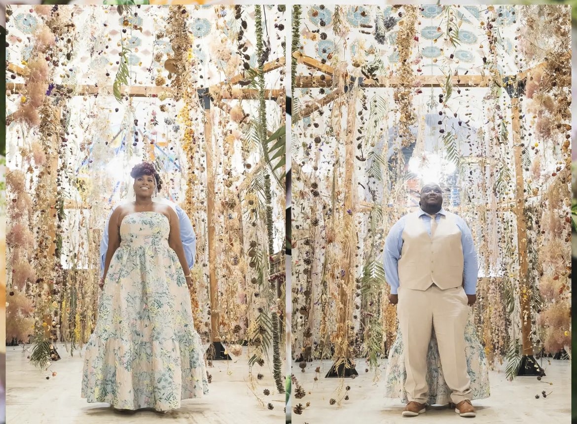 Two side-by-side images of people standing back-to-back underneath a canopy of hanging plant material. In one photo, one of the people wearing a strapless gown is in front. In the other, the other person wearing a white suit and tie in in front. They are smiling up at the canopy above.