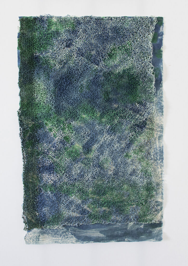 An artwork with shades of blue and green with a textural overlay.
