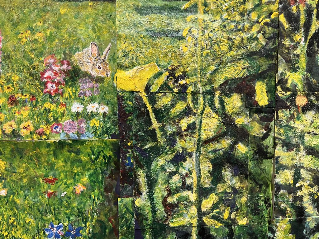 A painting of a garden with plants and flowers, and a little rabbit.