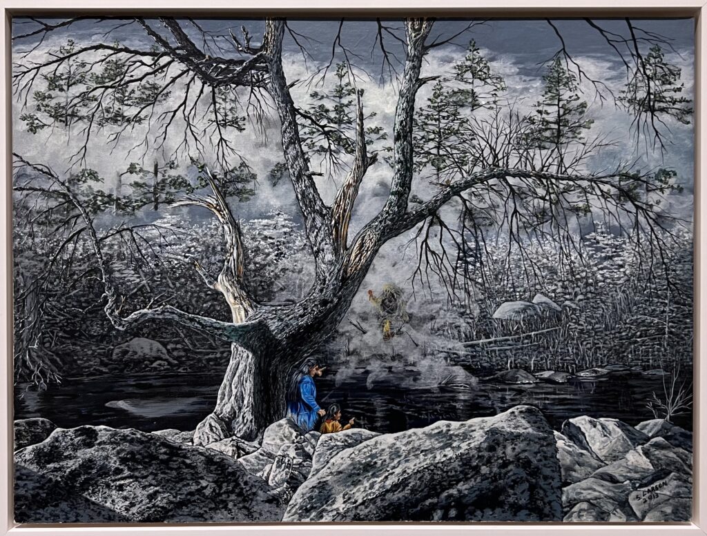 A painting depicting two figures standing by a sprawling tree on a rocky shore of a lake or river. They are pointing to a figure covered in a cloud of smoke on the other side of the water body. The work has tones of grey, black, and blue.