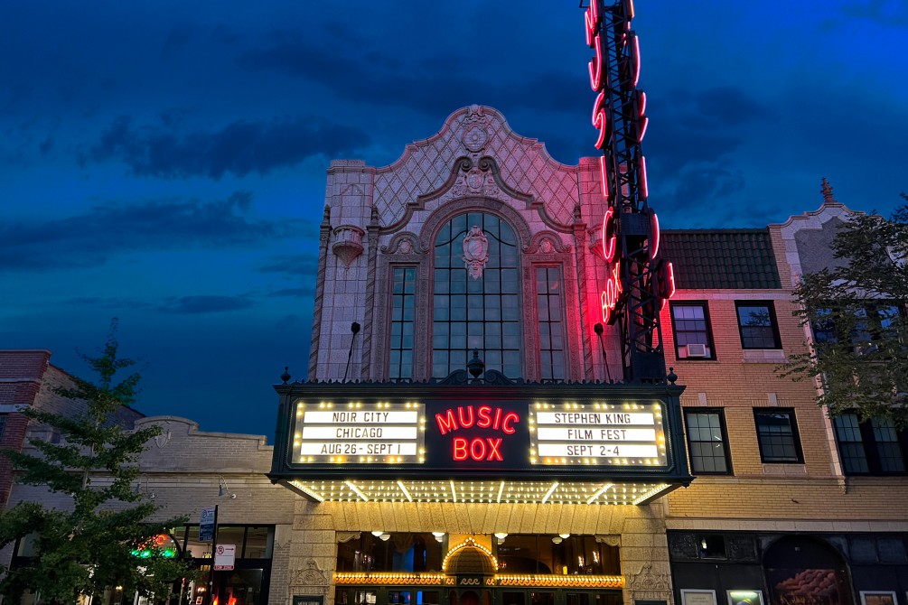 A theater with signage reading, "Music Box".