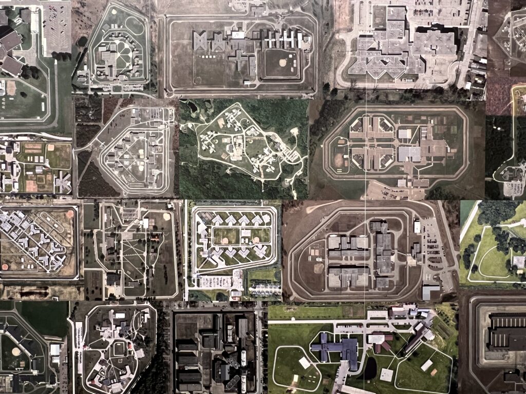 A collage of aerial photographs showing large plots of land with buildings and roads.