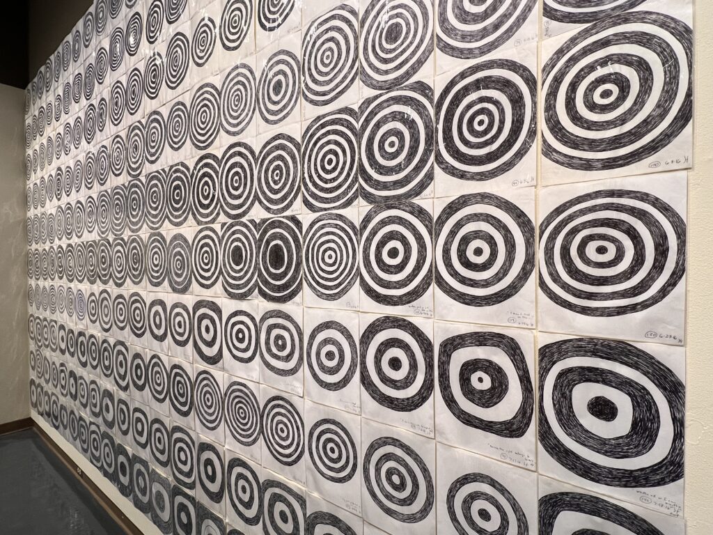 A wall covered floor to ceiling in drawings on paper of repetitive patterns of concentric circles.