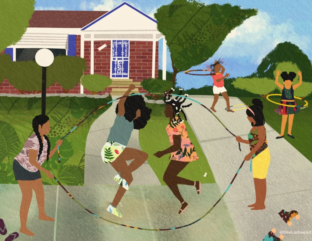 An illustration of Black girls jumping rope and hula hooping on the sidewalk in front of a brick house with white trim and a blue door.
