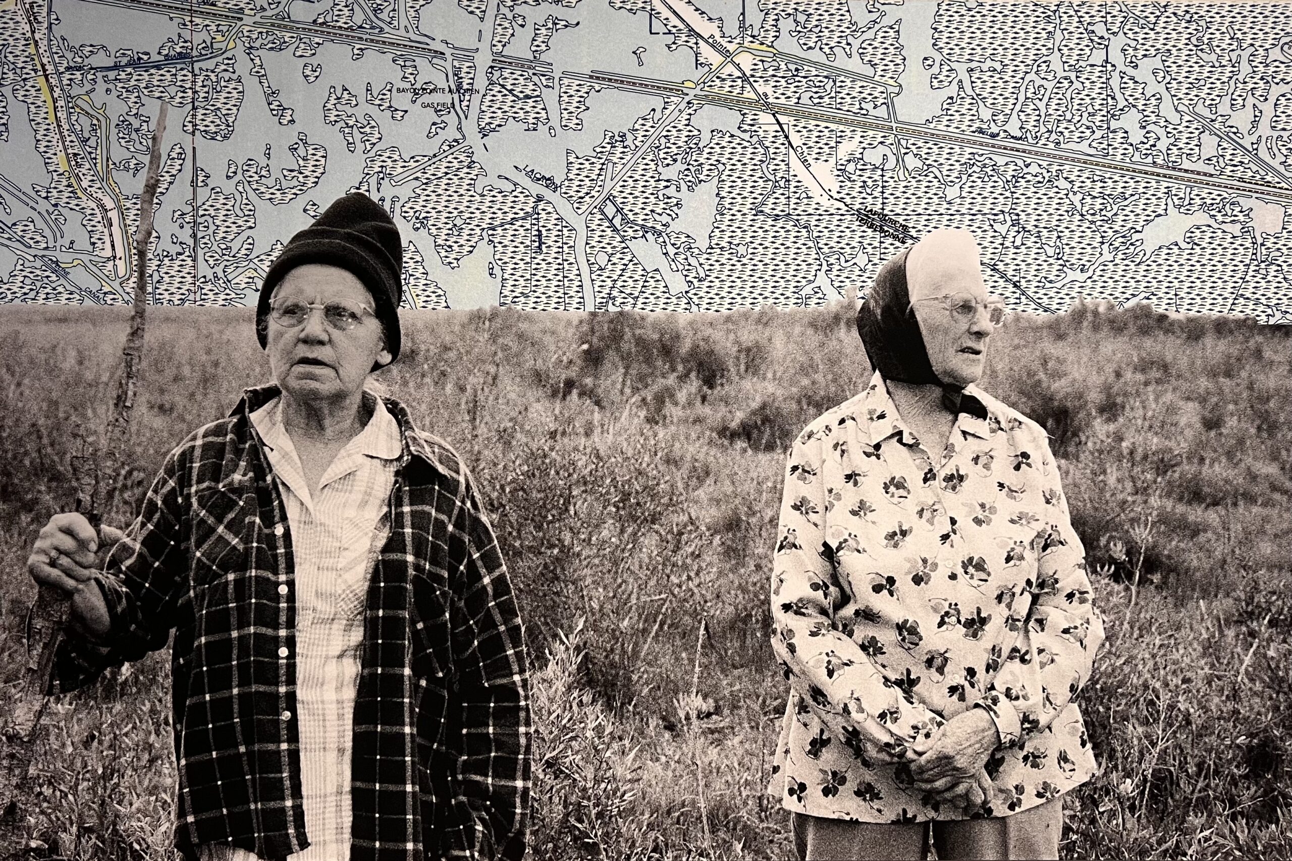 An assemblage piece consisting of a photograph of two people standing in a field, with a map of Lake Bully where the sky would normally be.