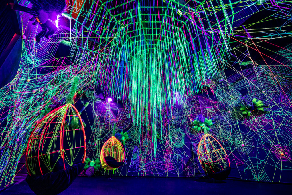 A room with an art installation of glow-in-the-dark ropes made to look like spider webs. There are cocoon-like swings hanging from the ceiling.
