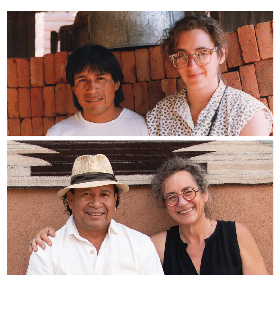 A diptych of photos showing the same two people. One when they were younger and one when they are older.