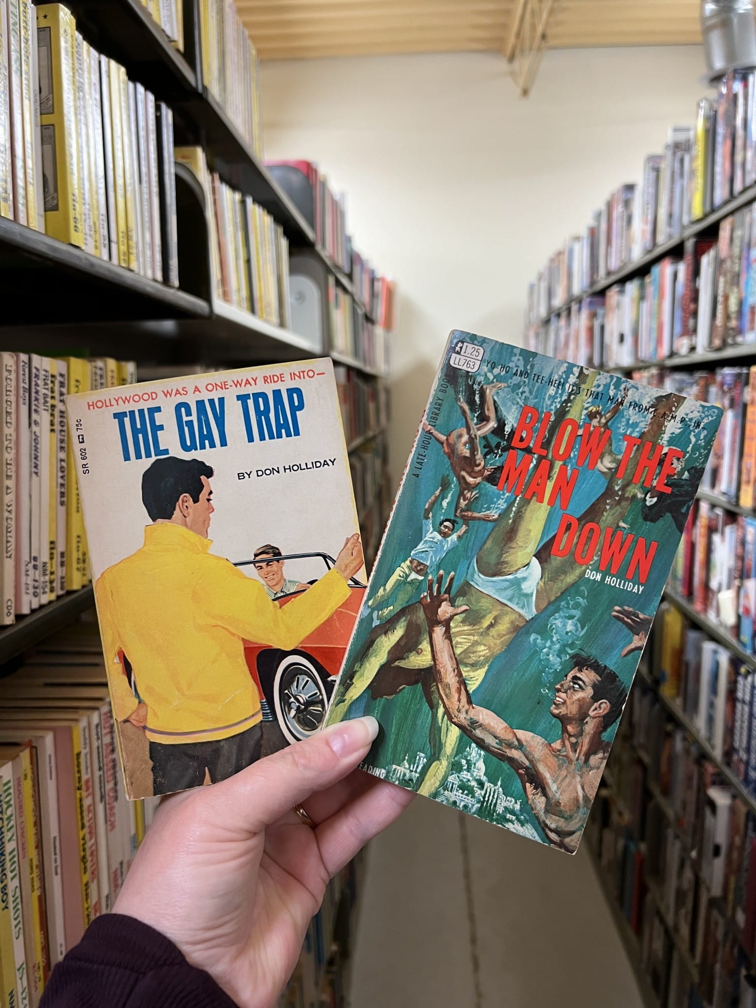 A hand is outstretched holding two books in front of a narrow corridor flanked by two bookshelves. One of the books features an illustrated cover of person in a bright yellow shirt waving at someone sitting in a red car. The title is "The Gay Trap." The other book, "Blow the Man Down," features an illustrated cover of several swimmers in various positions underwater.