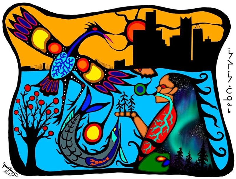 A brightly colored orange and blue hued piece of art with abstracted birds and fish. A person with long hair reaches out a hand to the creatures; on their palm sits a miniature forest, and their hair is colored with the northern lights. In the background is a city skyline and red sun.