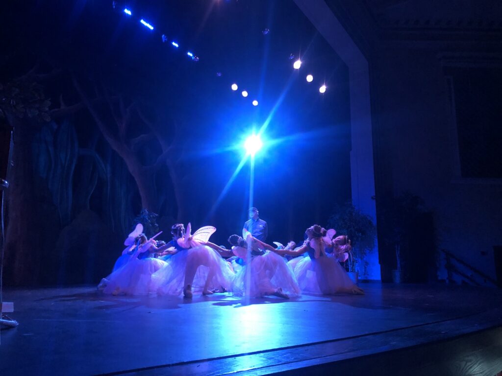 A circle of ballerinas wearing fairy wings kneel down on a stage decorated to look like a forest.