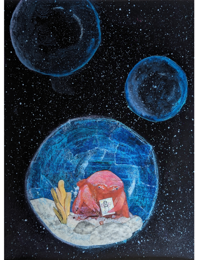 A crab holding a tarot card looking solemn as it floats within a bubble in space.