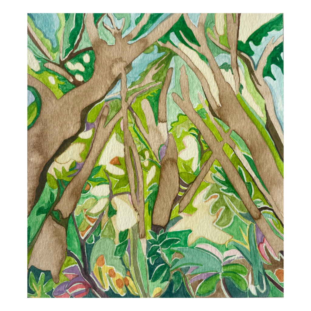 An abstract watercolor painting evoking trees and other greenery.