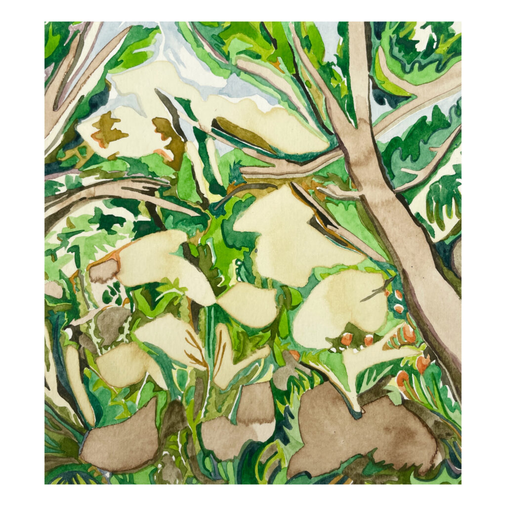 An abstract watercolor painting evoking trees and other greenery.