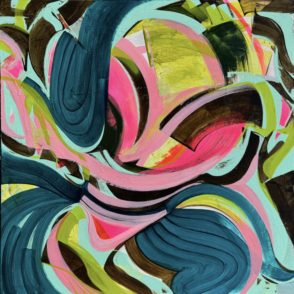 A painting of abstract swirls of blues, pinks, greens, and black.