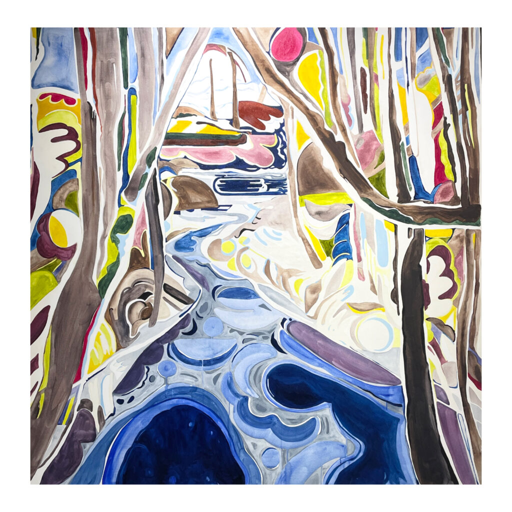 An abstract watercolor painting of a creek and trees.