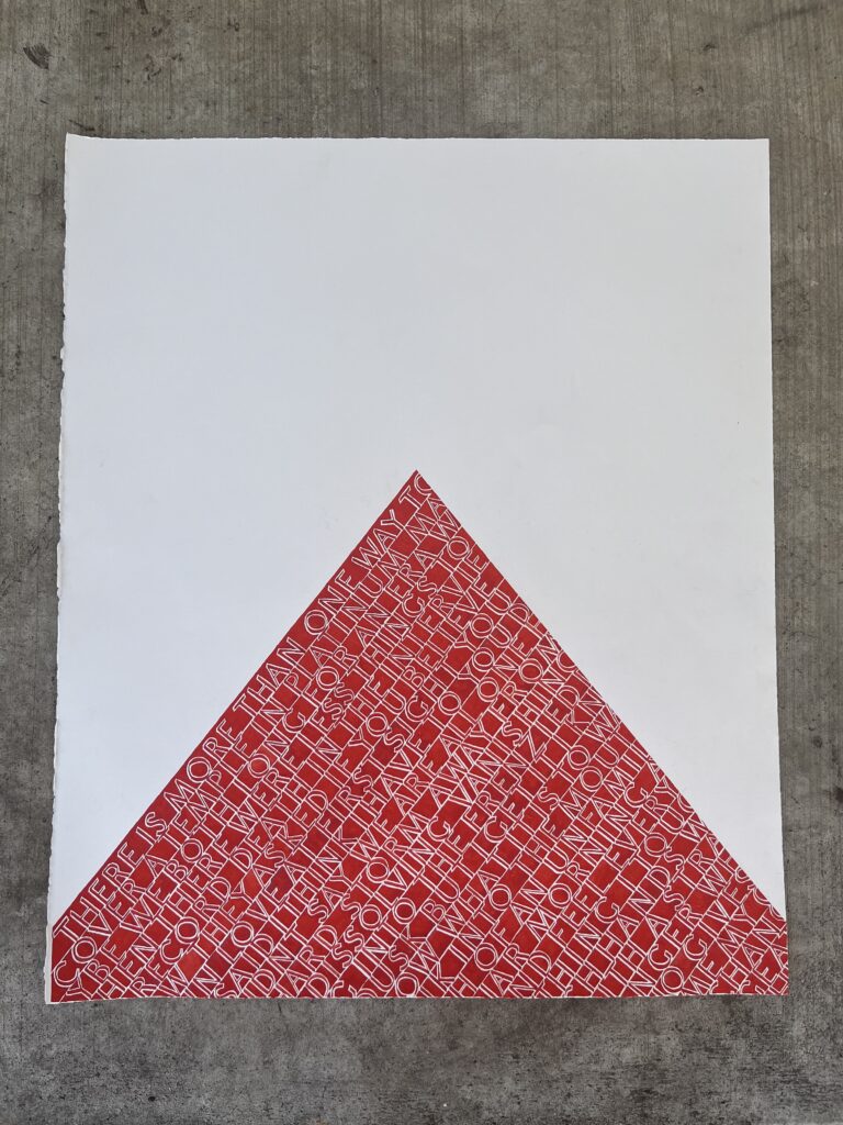 Text from Hanif Abdurraqib's "Carly Rae Jepsen" forming a pyramid in red paint on paper.