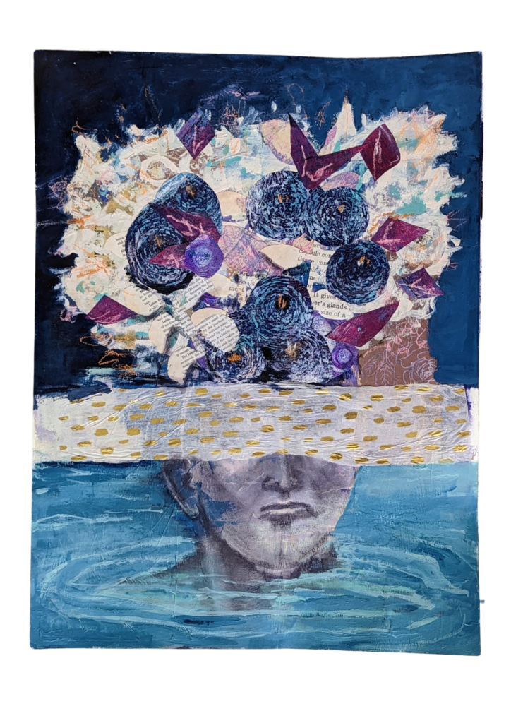 A mixed media piece of a person's head sticking out of water with eyes covered by a streak of white and gold, with a collage of flowers and text making up the hair.