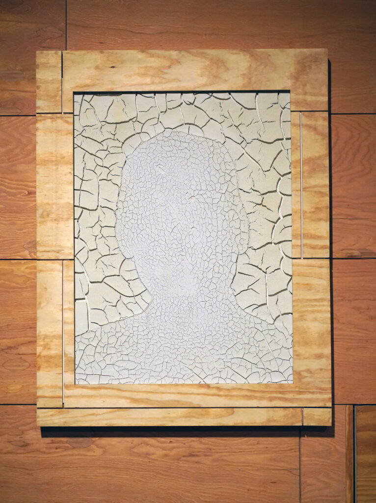 A silhouette portrait made of synthetic bone, with a wooden frame.