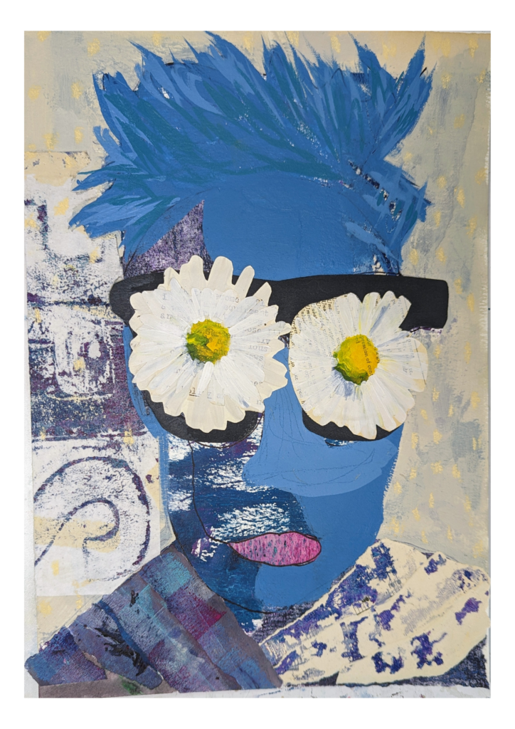 A portrait of a person painted in blue, with daisies for eyes.