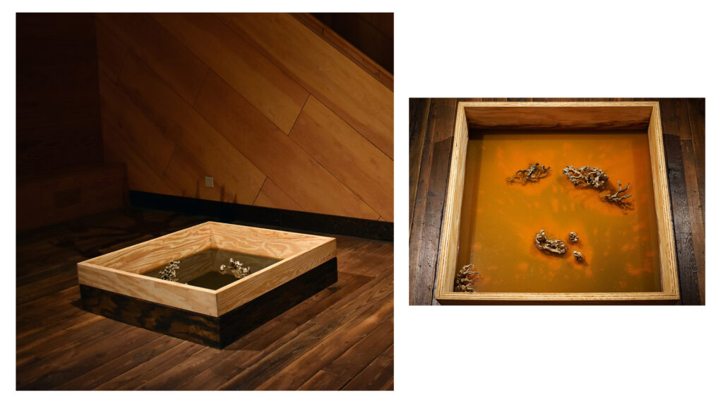 A wooden square frame on the floor, filled with tea and bronze-cast mushrooms.