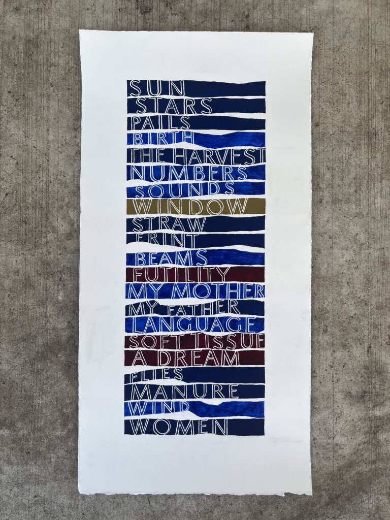 Text from Miriam Toews' "Women Talking" in dark blue, red, and yellow paint.