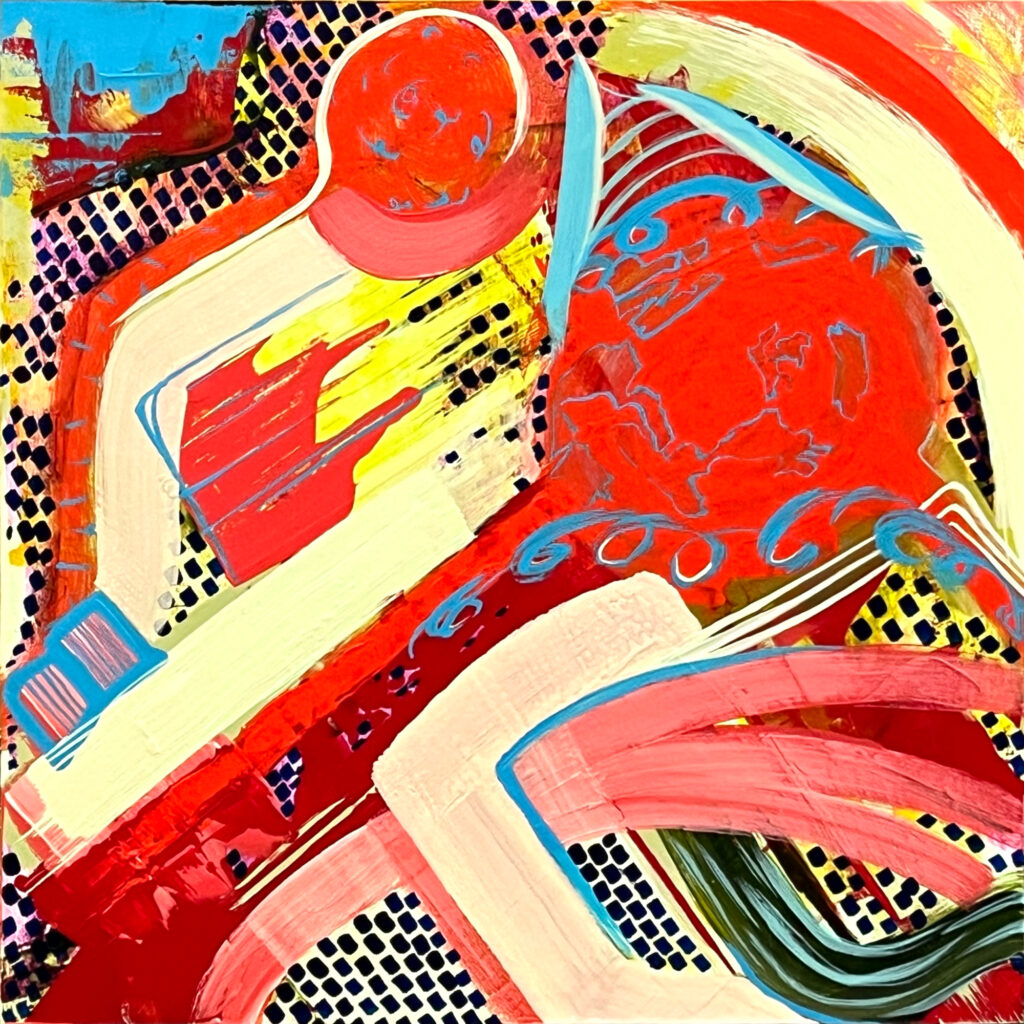 A painting of abstract figures of red and white, with blue and yellow accents and black stippling.