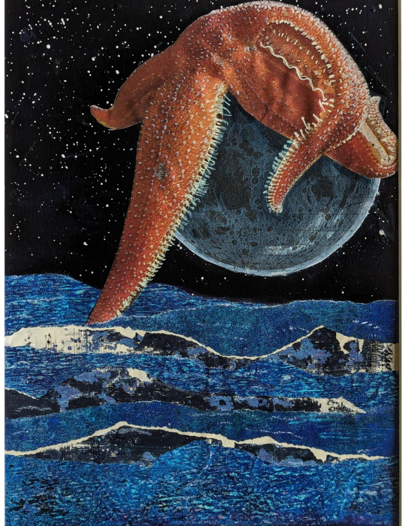 A starfish clings to a moon in a collage of space and mountains.