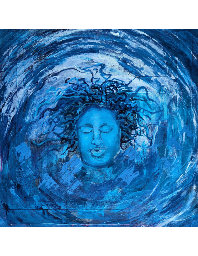 A blue painting of a head floating in a swirl of blues, with strands of hair radiating out from the head.