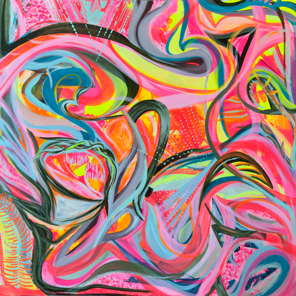 A painting of abstract swirls of vibrant pinks, blues, greens, and yellows.