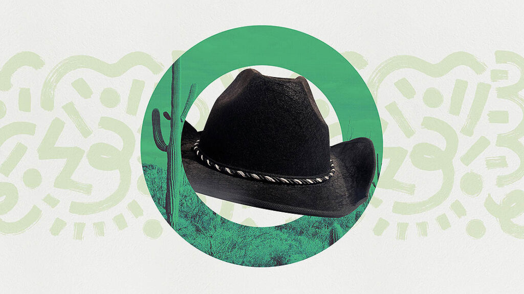 A cowboy hat in a circle with a superimposed desert scene featuring a cactus.