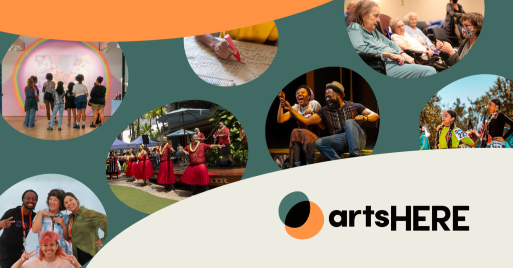 Six photos of people of different backgrounds and ages engaging in art, on a colorful background with a logo that reads ArtsHERE