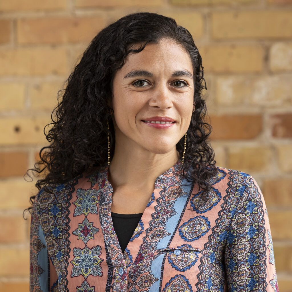 Headshot of a smiling person of medium skin tone, with dark brown curly hair, and wearing a patterned top