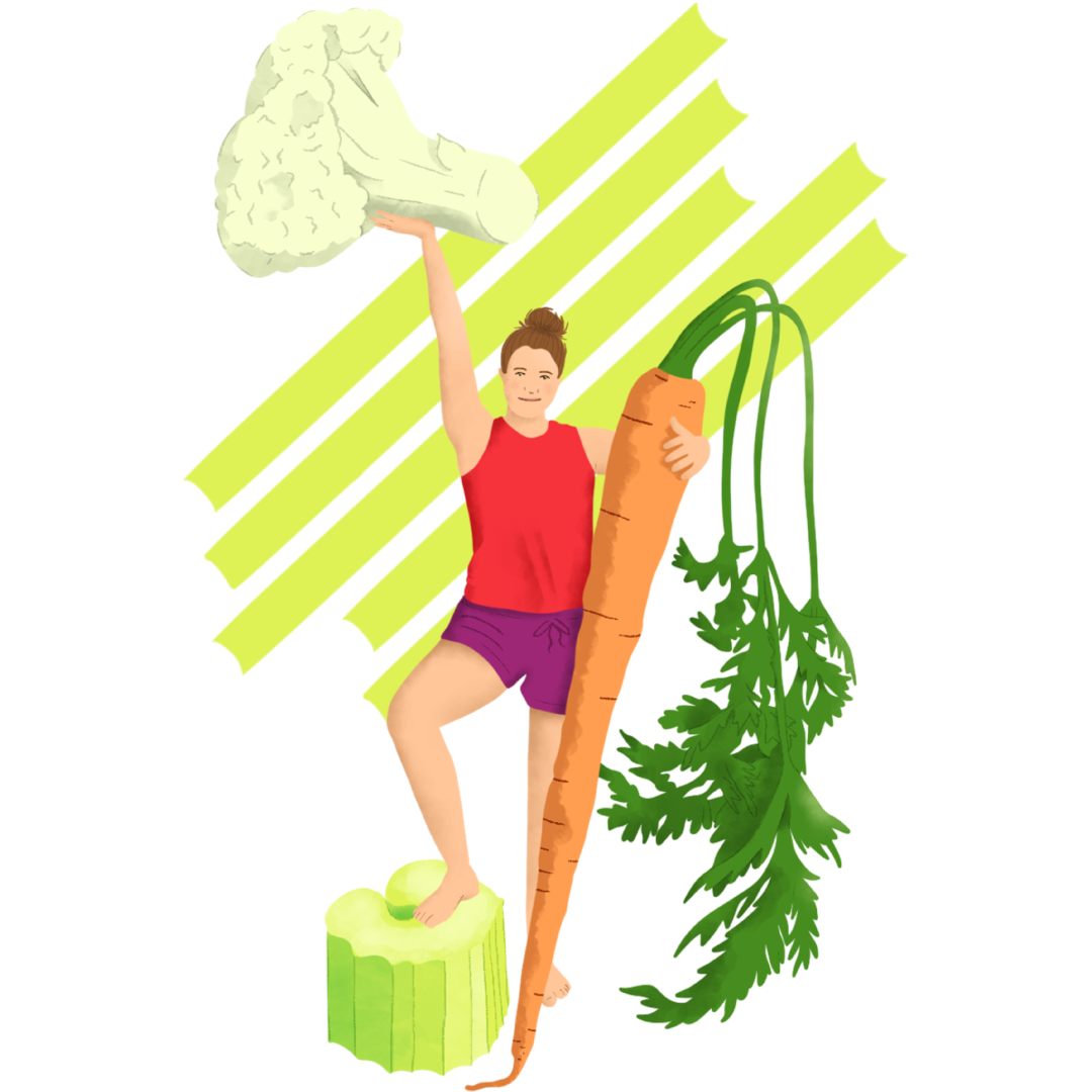 Illustration depicting a person holding super-sized pieces of vegetable.