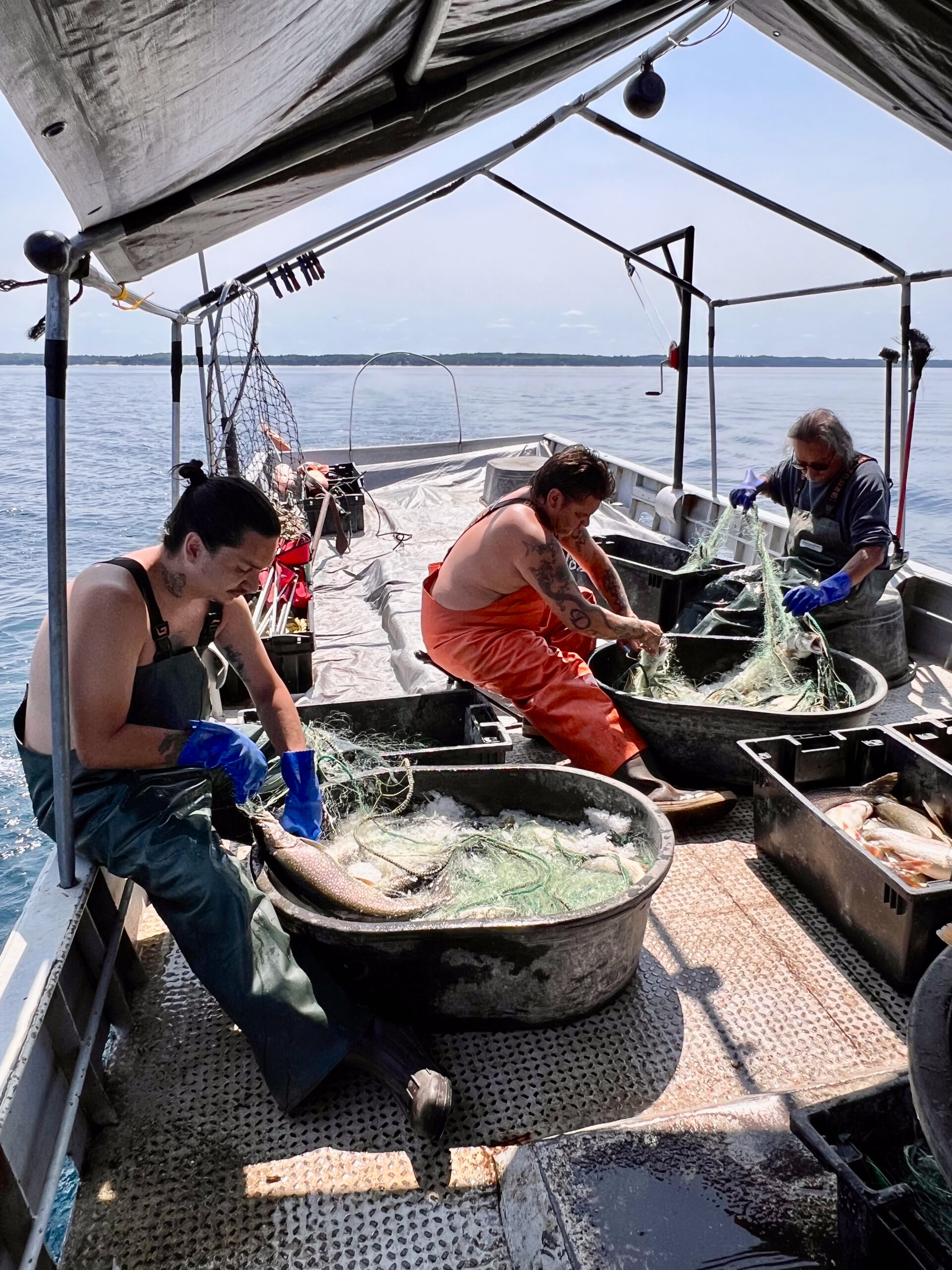 Three people in rubber overalls on a boat removing fish from nets.