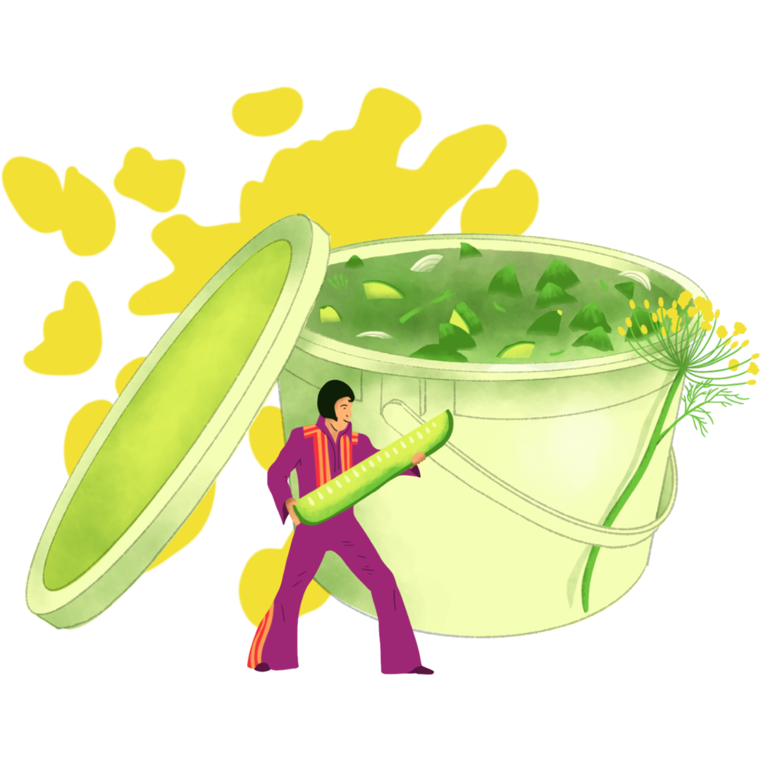 Illustration depicting a person holding a cucumber wedge in front of a giant version of a gallon bucket filled with pickles.